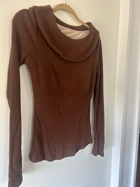 OGL Brown Ribbed Off Shoulder Top Built‑In Bra Long Sleeve Lined Sz L Like New